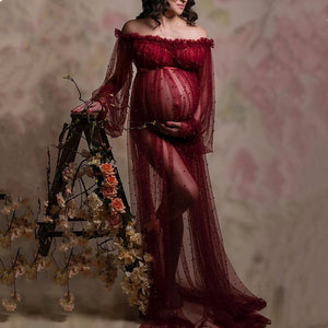 Beading Pearls Tulle Maternity Photography Dress See Through Tulle Pearls Maternity Maxi Gown For Photo Shoot Free Size