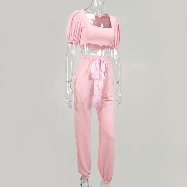 Pink 2 Piece Jogger Set Womens Loungewear Short Puffy Sleeve #PinkTakeOver2023
