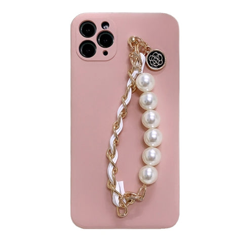 Pearl Leather Wrist Chain Bracelet Pink Liquid Silicone Case Cover For  Samsung Galaxy Note 20 10 9 S21 S20 FE Ultra S10/9/8 Plus
