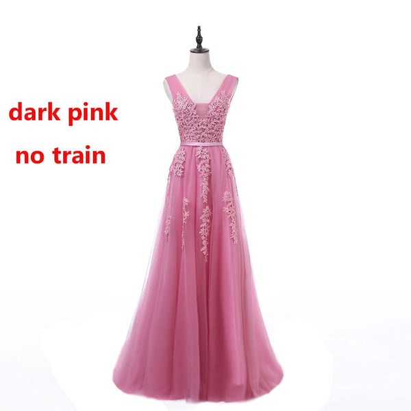 Pink Elegant Lace V-Neck Evening Gown with Pearls
