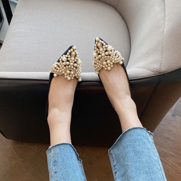 Pearl Flats Women Wedding Shoes Pointed Toe Female Dress Moccasins Low Pearl Heel Ladies Fashion Luxury