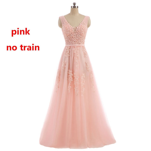Pink Elegant Lace V-Neck Evening Gown with Pearls