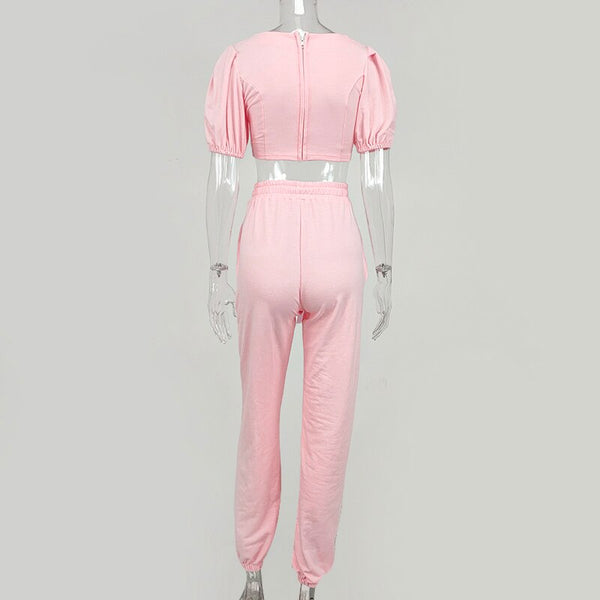 Pink 2 Piece Jogger Set Womens Loungewear Short Puffy Sleeve #PinkTakeOver2023