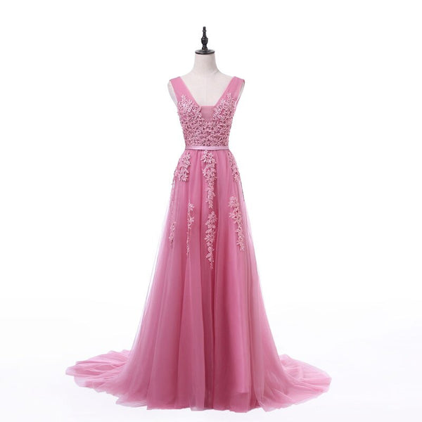 Pink Elegant Lace V-Neck Evening Gown with Pearls