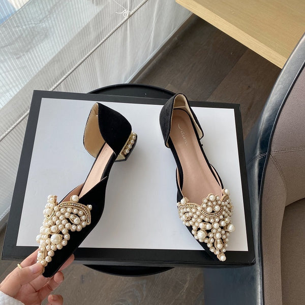 Pearl Flats Women Wedding Shoes Pointed Toe Female Dress Moccasins Low Pearl Heel Ladies Fashion Luxury