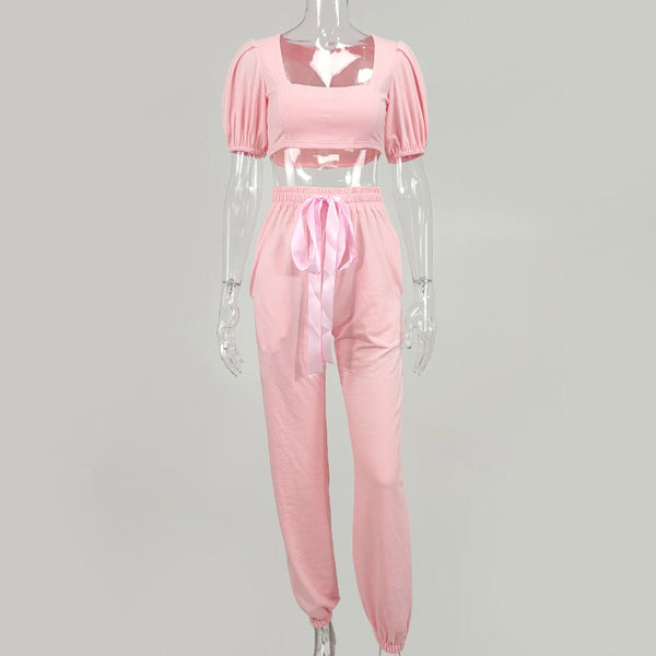 Pink 2 Piece Jogger Set Womens Loungewear Short Puffy Sleeve #PinkTakeOver2023