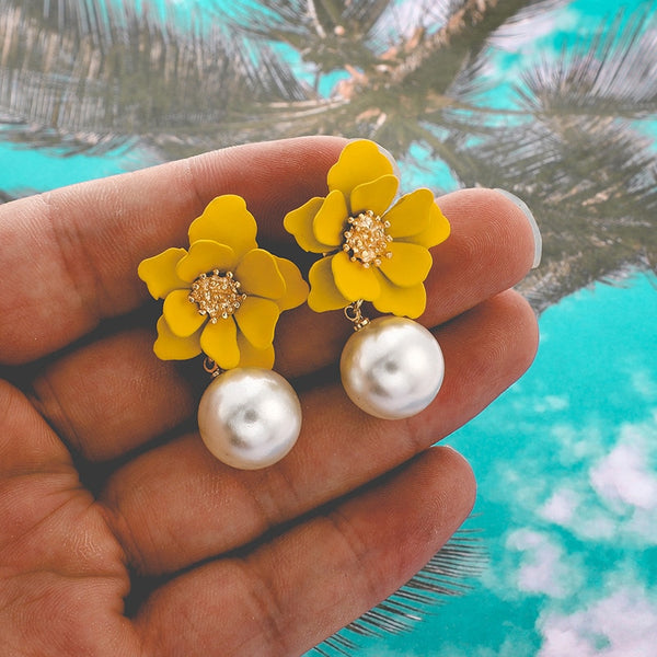 Pearl Drop Dangle Earrings paint Flower Enamel