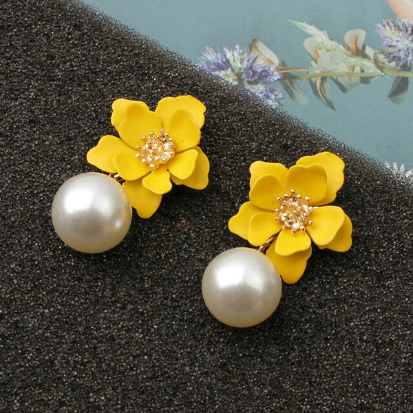 Pearl Drop Dangle Earrings paint Flower Enamel