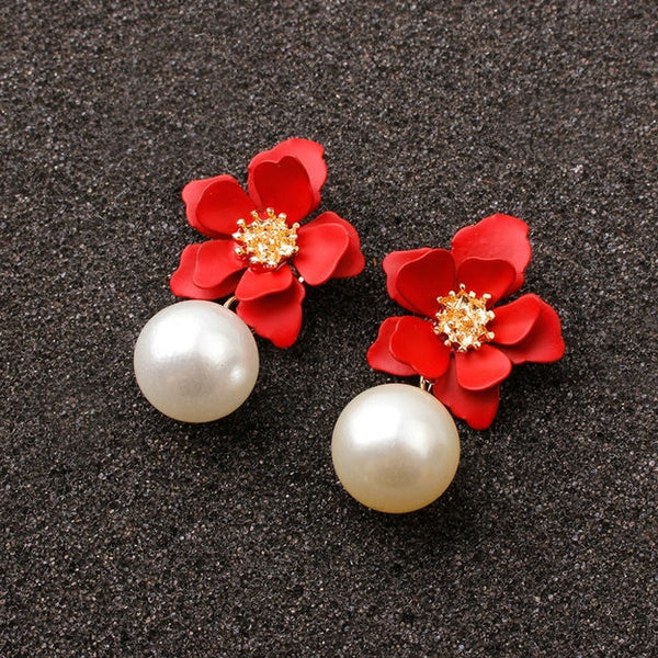 Pearl Drop Dangle Earrings paint Flower Enamel
