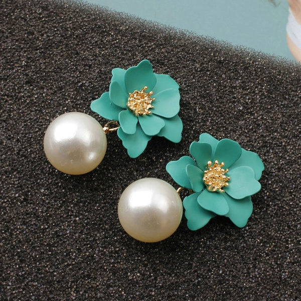Pearl Drop Dangle Earrings paint Flower Enamel