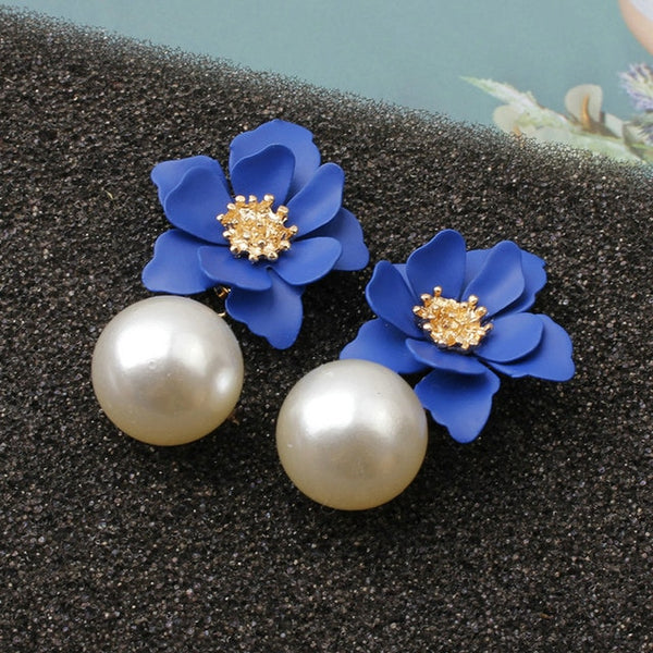 Pearl Drop Dangle Earrings paint Flower Enamel