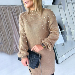 Pearl Sweater dress Knitted Half-high Collar