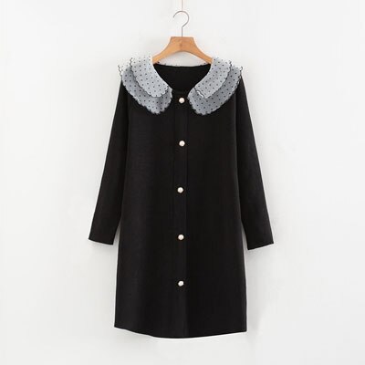 Plus Size 4XL Long Sleeve Knitted Sweater Pearl Button Mesh Collar Pullover dress
