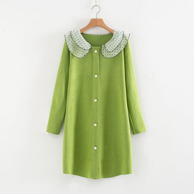 Plus Size 4XL Long Sleeve Knitted Sweater Pearl Button Mesh Collar Pullover dress