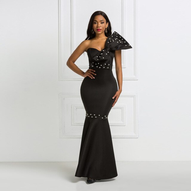 Plus Size Party Dinner Dress Long Elegant One Shoulder Bowknot with pearls