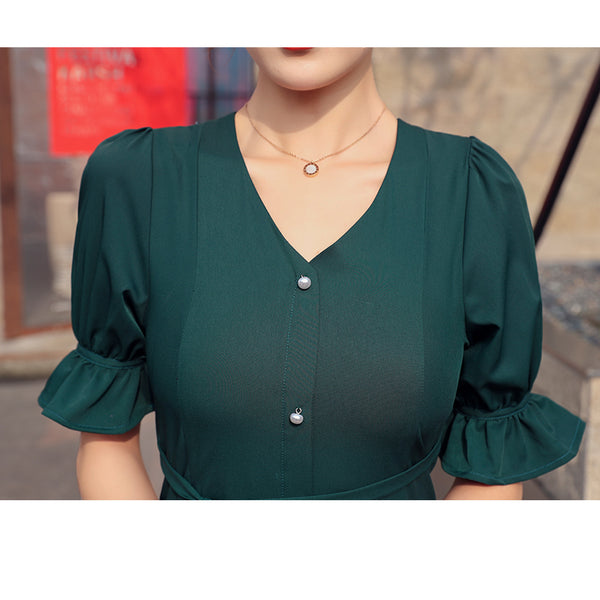Retro dark green V-neck dress pearl buckle lantern short-sleeved