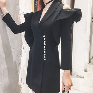 Pearls Button Off The Shoulder Women Blazer Dress