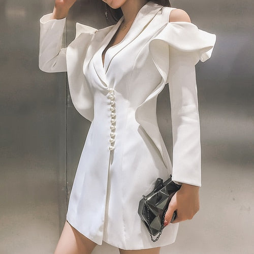 Pearls Button Off The Shoulder Women Blazer Dress