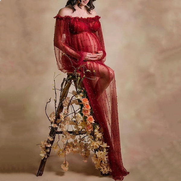 Beading Pearl Maternity Photography Long Dress Full Sleeve Tulle Long Dress For Maternity Photo Shoot