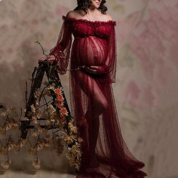 Beading Pearl Maternity Photography Long Dress Full Sleeve Tulle Long Dress For Maternity Photo Shoot