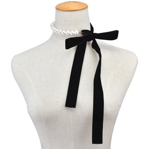 Punk Long Wide Black Velvet Ribbon Choker Bow Tie Simulated Pearl Beads