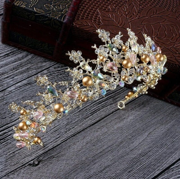 Pink Gold Pearl Bridal Crowns Tiara Headband