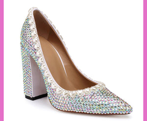 pointed toe high heels shoes with pearls diamonds thick heels